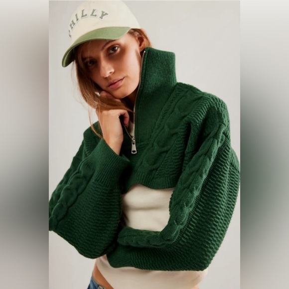 Free People Quarter Zip Cable Bolero Forest Green  Cropped Size XS/S NWOT - Picture 1 of 5